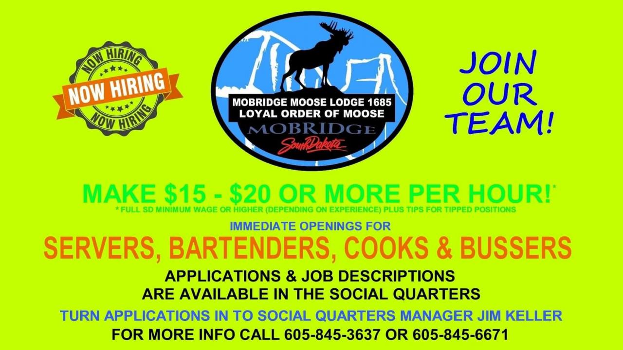 Mobridge Moose Lodge Job Ad